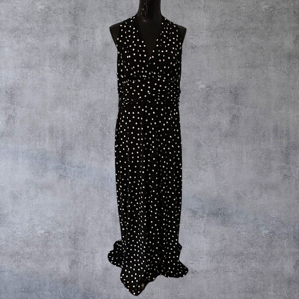 Evan-Picone Maxi Dress Womens 16 Black White Polka Dot‎ Ruched Halter